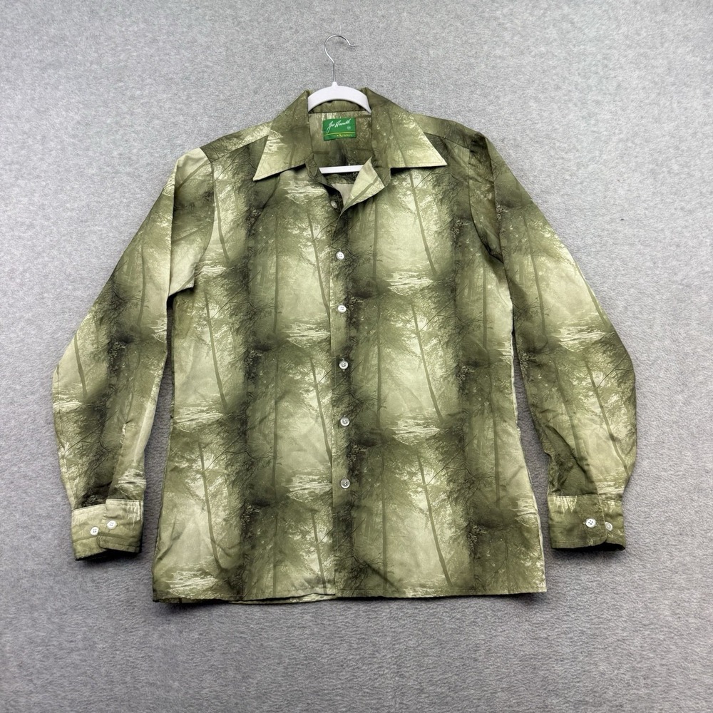 Vintage Joe Namath Arrow Shirt Men M Button Up Green Forest All Over Print Disco